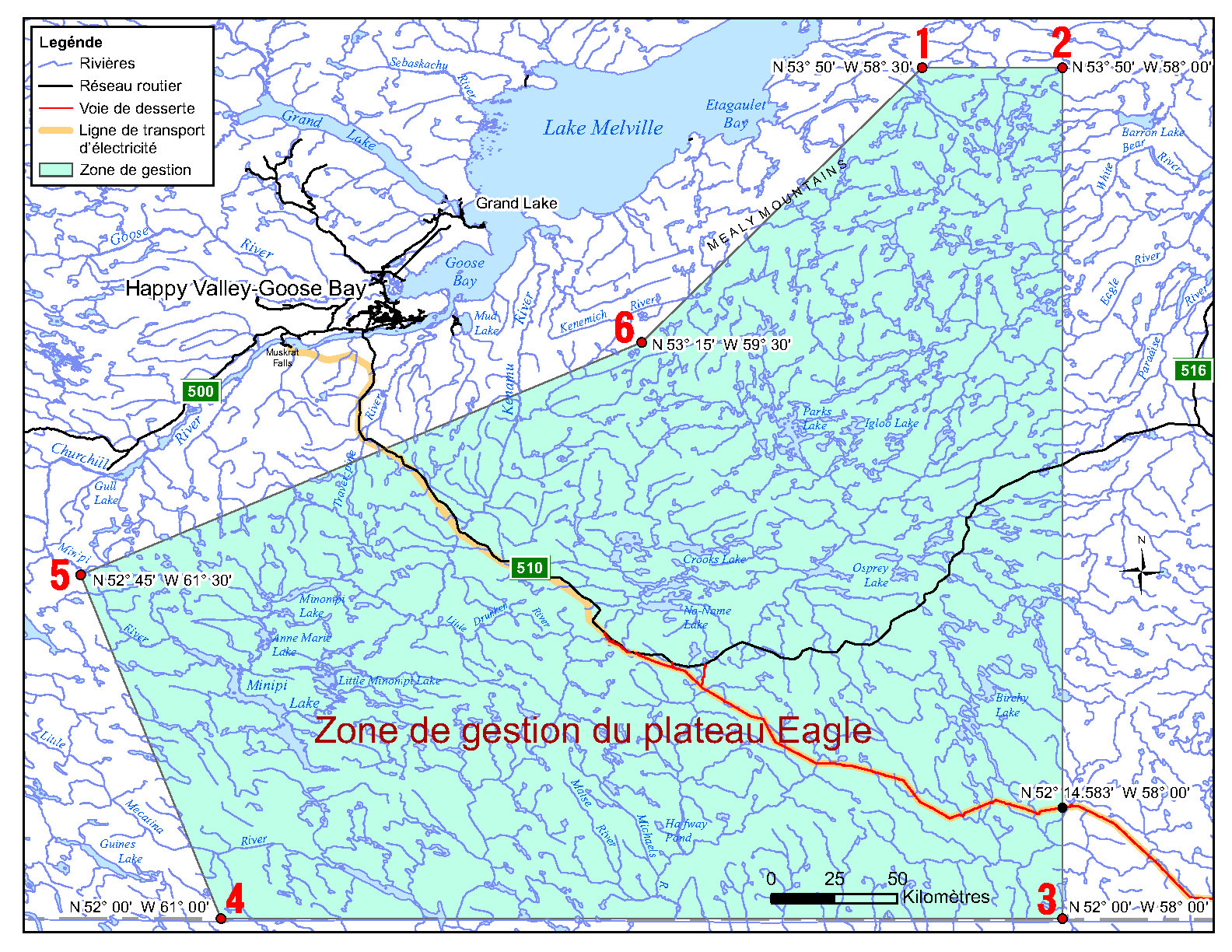Carte - zone de gestion du plateau Eagle Carte montrant les limites de la zone de gestion du plateau Eagle, qui est située au Labrador. La zone de gestion du plateau Eagle est limitée aux coordonnées suivantes.