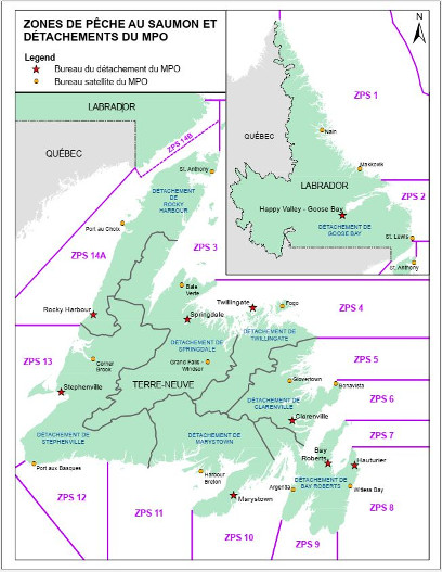 Carte de zones de pêche au saumon et détachements